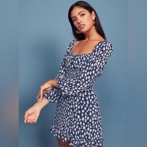 Reformation Blue Polka Dot Smocked Milkmaid Mini Dress Size 6